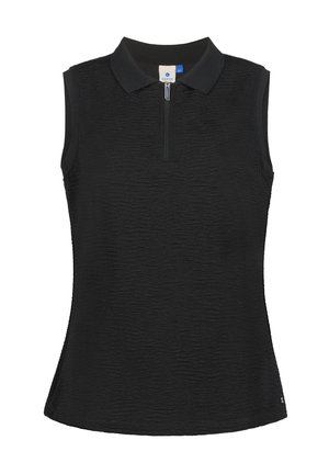 Ärmelloses schwarzes Polo-Oberteil aus strukturiertem Stoff, kurzer Reißverschluss vorne und kleines Markenlogo nahe dem unteren Saum auf der rechten Seite.