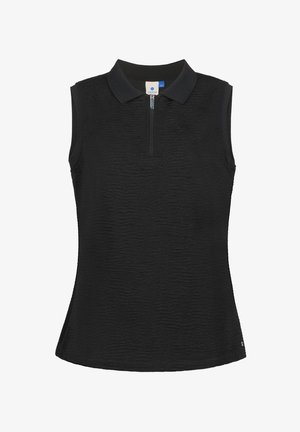 Haut polo noir sans manches en tissu texturé, avec une courte fermeture éclair à l'avant et un petit logo de marque près de l'ourlet inférieur du côté droit.