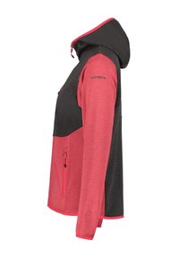 Giacca con cappuccio in tessuto rosso e nero; presenta tasca con zip, dettagli a contrasto e maniche aderenti. Design testurizzato, stile sportivo.