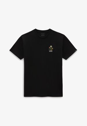 Camiseta negra Vans con pequeño gráfico de flores multicolores y logo de Vans en el lado izquierdo del pecho, manga corta y cuello redondo.