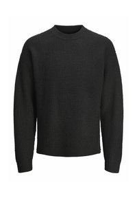 Schwarzer Strickpullover mit einem strukturierten Muster, rundem Ausschnitt und langen Ärmeln. Der Stoff wirkt dick und gemütlich.