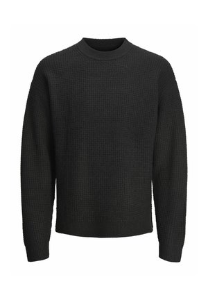 Schwarzer Strickpullover mit einem strukturierten Muster, rundem Ausschnitt und langen Ärmeln. Der Stoff wirkt dick und gemütlich.