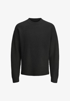 Sort strikket sweater med et struktureret mønster, rund halsudskæring og lange ærmer. Stoffet ser tykt og hyggeligt ud.
