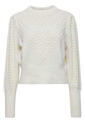 Vit stickad tröja med en texturerad design som har ett V-formigt mönster och ribbade muddar. Beskuren passform med lång ärm.