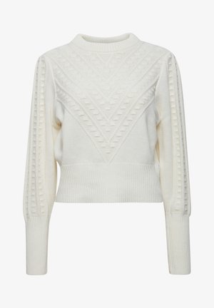 Valge kudum, millel on tekstuuriga disain, sisaldades V-kujulist mustrit ja soonikkoes varrukaotsi. Lühike sobitus pikkade varrukatega.