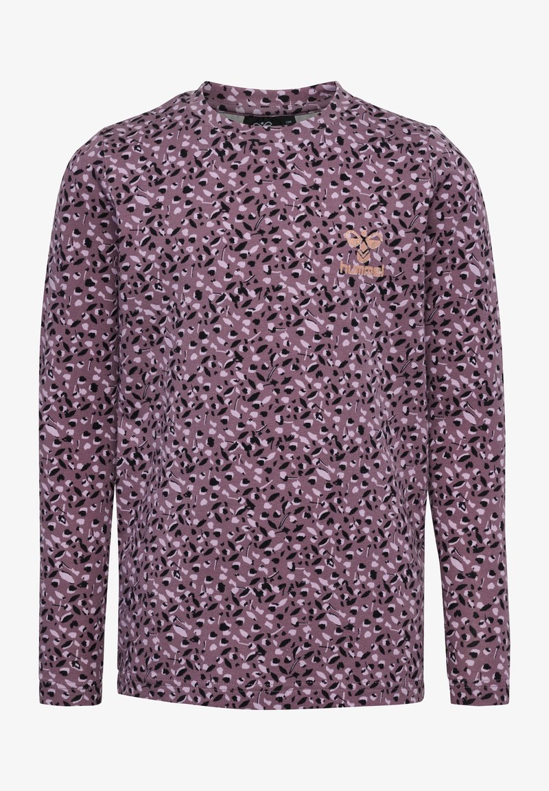 Langarmhemd aus mauvefarbenem Stoff mit einem gesprenkelten schwarz-weißen Muster. Enthält ein kleines, gesticktes Logo auf der Brust.