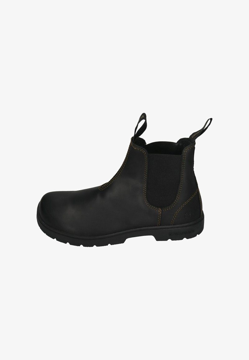 Black leather chelsea boot with elastic side panels, pull tabs, textured surface, and contrasting light stitching. Robust rubber outsole.