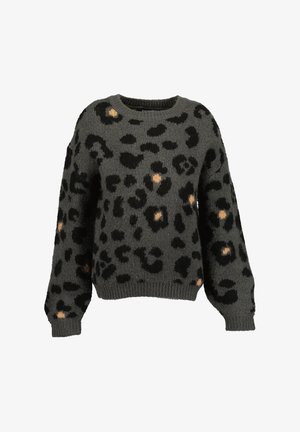 Dunkelgrauer, flauschiger Strickpullover mit schwarzem und beigem Leopardenmuster, langen Ärmeln sowie gerippten Bündchen und Saum.