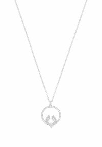 Silver necklace featuring a circular pendant with two animal faces and small clear crystals around the edge. Chain has a delicate design.