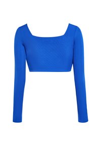 Blaues langärmliges, cropped Oberteil mit quadratischem Ausschnitt. Hergestellt aus einem glatten Stoff, hat es ein figurbetontes Design und eine einfarbige Oberfläche ohne Muster.