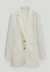 Biała marynarka z długim rękawem, z dwoma brązowymi guzikami, kołnierzem typu notched oraz dwiema przednimi kieszeniami, wyeksponowana na jasnym tle.