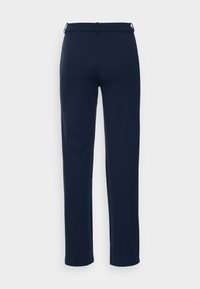 Mörkblå byxor med rak ben-design, med en slät yta och en standard midjeresår med bältesslingor.