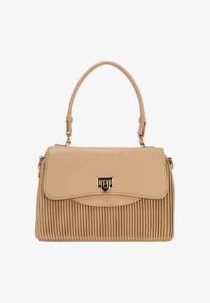 Geantă de mână sintetică bej cu textură plisată, accesorii aurii, curea de umăr detașabilă și închidere cu clapetă ce include un accent logo.