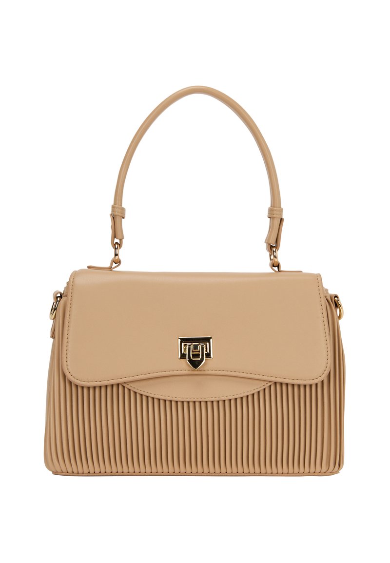 Beige syntetisk håndtaske med plisseret tekstur, guld hardware, aftagelig skulderrem og en klaplukning med logo accent.