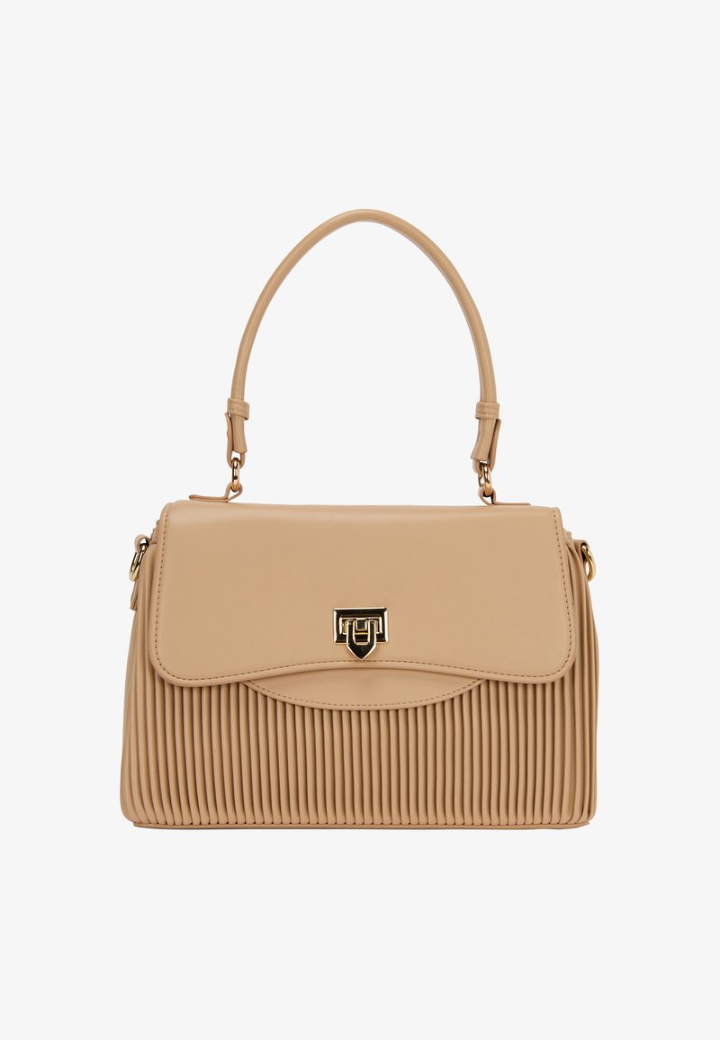 Beige syntetisk håndtaske med plisseret tekstur, guld hardware, aftagelig skulderrem og en klaplukning med logo accent.