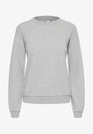 Heledane hall sweatshirt ümariku kaelusega, pikad varrukad, soonikuste äärte ja alläärega. Valmistatud pehmest, tekstuuriga kangast, mis on vabalt lõigatud.