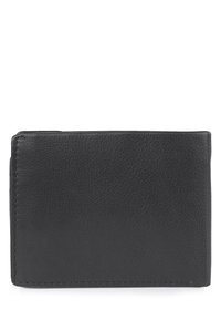 Cartera de cuero negro con una textura suave, forma rectangular y costuras visibles. Sin herrajes externos ni patrones. Diseño simple y minimalista.