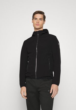 Black hooded jacket with a front zipper, elastic cuffs, and side zip pockets, made from lightweight, smooth fabric.