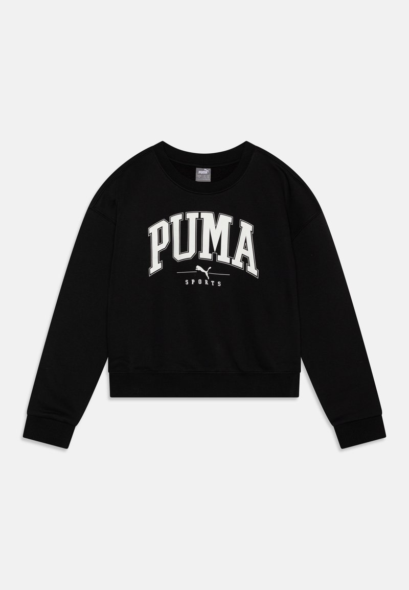 Crna kratka dukserica od mekog materijala s bijelim "PUMA" logotipom i natpisom "SPORTS" preko grudi s rebrastim rukavima.