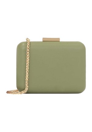 Petit sac pochette rectangulaire vert olive avec bords arrondis et une bandoulière chaîne dorée sur fond blanc.