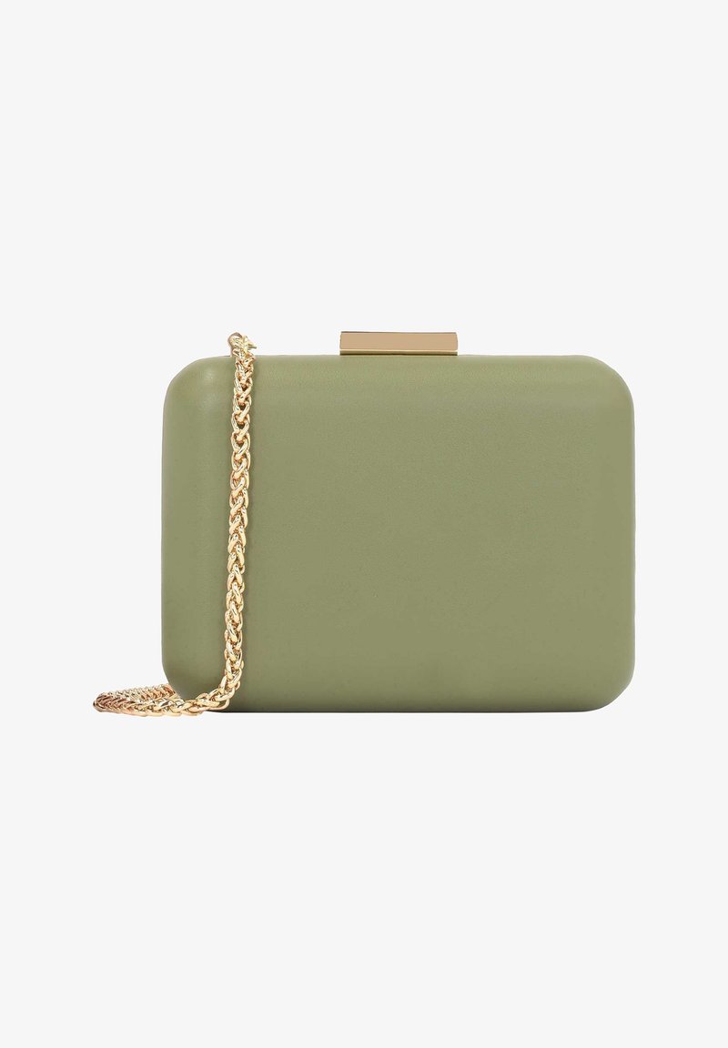 Petit sac pochette rectangulaire vert olive avec bords arrondis et une bandoulière chaîne dorée sur fond blanc.