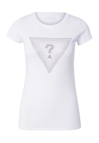 T-shirt blanc à manches courtes avec un graphique de triangles concentriques et un point d'interrogation constitué de petits points noirs sur le devant.