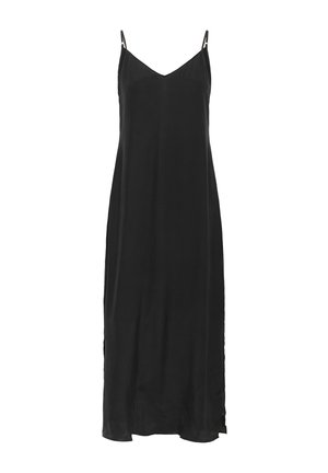 Abito nero lungo con spalline regolabili, scollatura a V e siluetta dritta. Il tessuto ha una consistenza liscia e lucida.