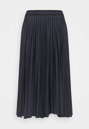 Jupe midi plissée noire avec taille élastique comportant deux fines rayures horizontales.