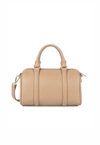 Beige leather handbag with two top handles, a detachable strap, and textured surface. Gold hardware accents with a zip closure.