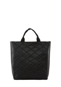 Schwarze, gesteppte Tasche aus synthetischem Leder mit zwei kurzen Griffen und einem Reißverschluss. Besitzt eine flache rechteckige Form und eine glatte Textur.