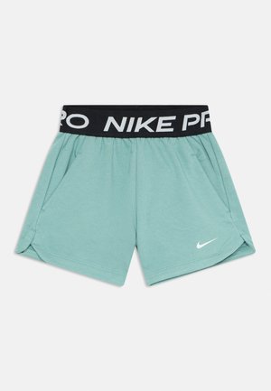 Mintgrønne treningsshorts med svart midjebånd merket "NIKE PRO" og en hvit Nike-logo på kanten. Myk stoff, lett design, to lommer.