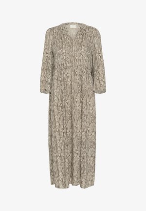 Barna és bézs márványos mintázatú ruha, V-kivágással, háromnegyedes ujjakkal és ráncolt derékkal. Könnyű anyag, légies kialakítás.