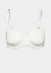 Balts strapless polsterēts krūšturis ar noņemamiem caurspīdīgiem siksniņām un mazu metāla piekariņu priekšējā centrā.