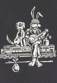 Black graphic features a rabbit playing a banjo with a dog beside it, sitting on a train labeled "North," with a jug and plant detail.