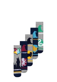 Cinque paia di calzini di cotone con diversi stemmi delle case di una scuola di magia, nei colori grigio, blu navy e verde, con schemi distintivi.