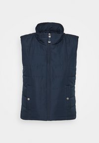 Navy blue padded vest with a high collar, front zip closure, and two side pockets with snap buttons; stitched detailing throughout.