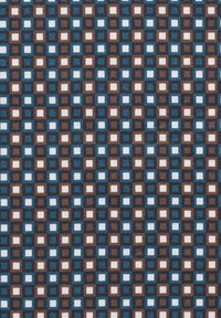 Textil mit einem Muster aus blauen, weißen und braunen Quadraten, die in einem Gitter angeordnet sind. Das Material scheint gewebt zu sein und hat eine strukturierte Oberfläche.