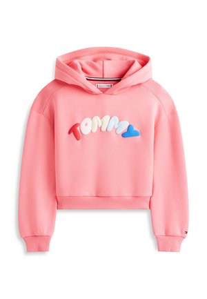 Rosa cropped hettegenser med mykt stoff, hette og front med flerfargede forhøyede bokstaver som staver "TOMMY" og en hjerteformet detalj.