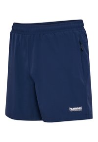 Granatowe sportowe spodenki z elastycznym pasem, boczną kieszenią na zamek oraz białym logo „hummel” na dolnej lewej nogawce.