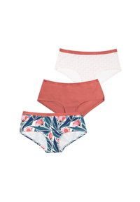 Trois culottes de style hipster pour femmes : une blanche avec un petit motif rose, une couleur rouille unie et une à motif floral avec des fleurs roses et des feuilles bleues.