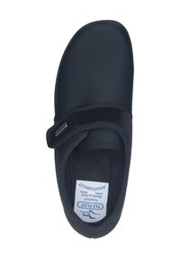 Black slip-on shoe with a smooth fabric upper, a Velcro strap, and a cushioned insole. Features a label indicating the brand inside.