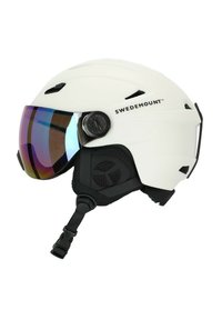 Witte sneeuwhelm met een getinte vizier, verstelbare band en zijventilatie. Heeft het logo "SWEDEMOUNT" en gestructureerde zwart accenten.