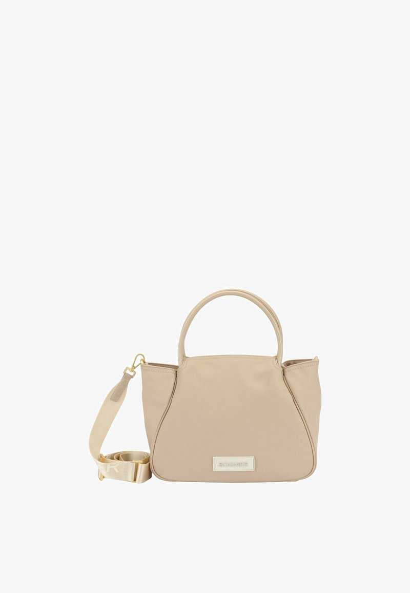 Beige nylon handbag with dual short handles, a detachable strap, and a rectangular shape. Features a gold-tone hardware logo detail.