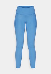 Niebieskie legginsy z wysokim stanem, wykonane z gładkiego, elastycznego materiału; posiadają boczne kieszenie i dopasowany krój.