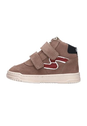 Brown suede toddler sneaker with two Velcro straps, red and white side accents, black heel patch, and white rubber sole.