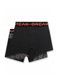 Two black boxer briefs with red "BREAK" text on the elastic waistband and subtle grey graphic details on the fabric.
