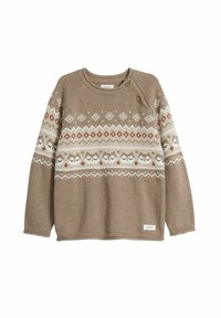 Brun stickad tröja med rundad halsringning. Har ett mönstrat band med ugglor och geometriska mönster i kräm och rostfärg. Två knappar på axeln.