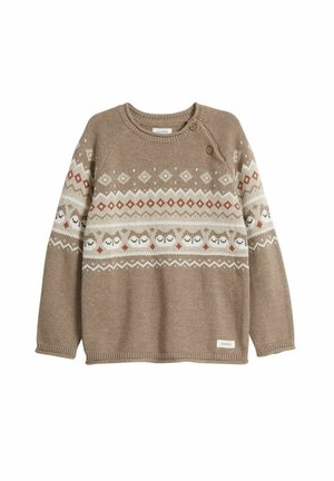 Pull en maille marron avec un col rond. Présente une bande à motifs avec des hiboux et des designs géométriques en crème et rouille. Deux boutons sur l'épaule.