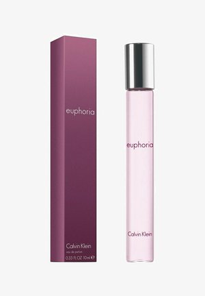 Lilla rektangulær æske og slank lyserød parfume flaske med sølvkapsel mærket "euphoria" af Calvin Klein, 10 ml eau de parfum.