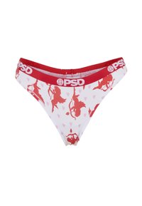 String blanc avec silhouettes rouges de Cupidon et petits cœurs roses, avec une ceinture rouge avec le logo blanc « PSD ».